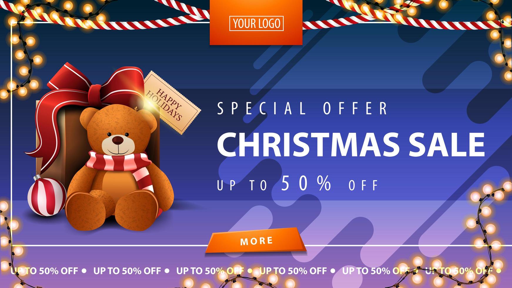 specialerbjudande, julförsäljning, upp till 50 rabatt, horisontellblå rabattbanner med kransar, knapp och nallebjörn med present vektor
