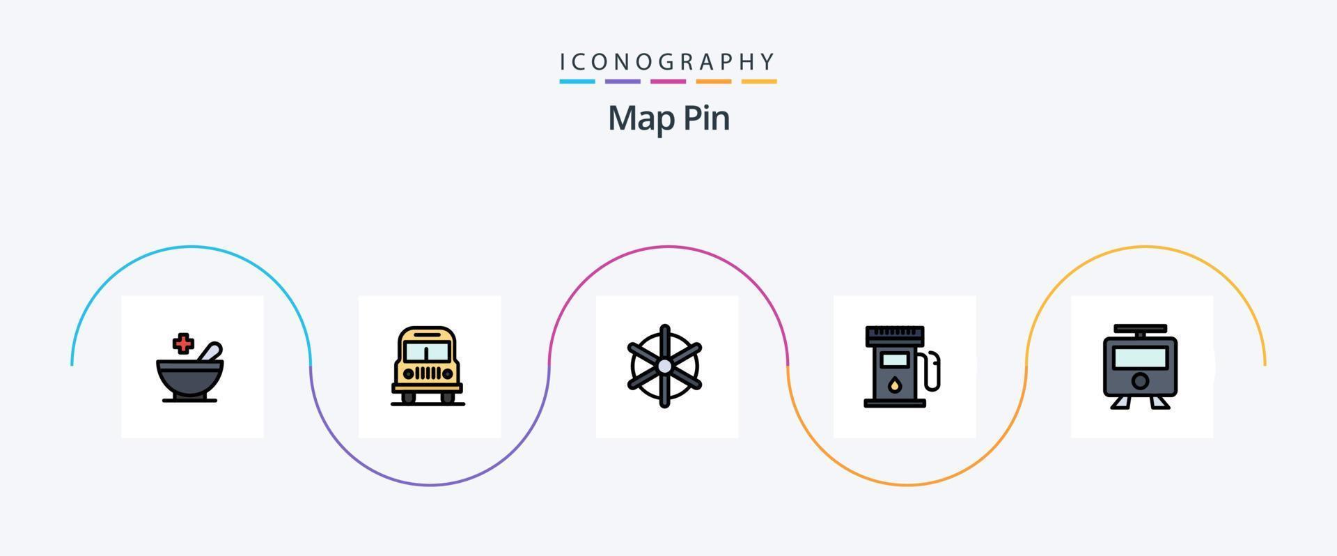 Kartenstiftlinie gefülltes flaches 5-Icon-Paket einschließlich Zug. Eisenbahn. Schiffsrad. Karten. Karten vektor
