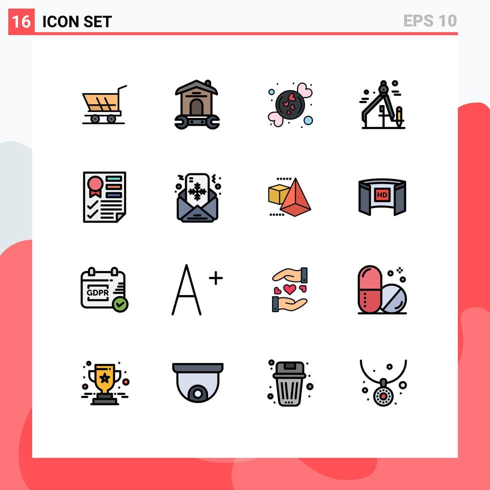 Satz von 16 flachen, farbgefüllten Vektorlinien auf Raster für Dokument Grafik Schraubenschlüssel Grafikdesign süße editierbare kreative Vektordesign-Elemente vektor