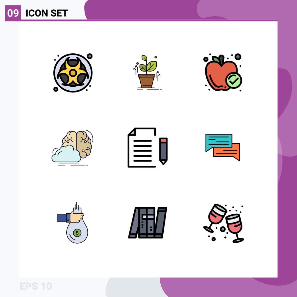 Gruppe von 9 gefüllten flachen Farben Zeichen und Symbolen für Dateninnovation Apfelidee Brainstorming editierbare Vektordesign-Elemente vektor