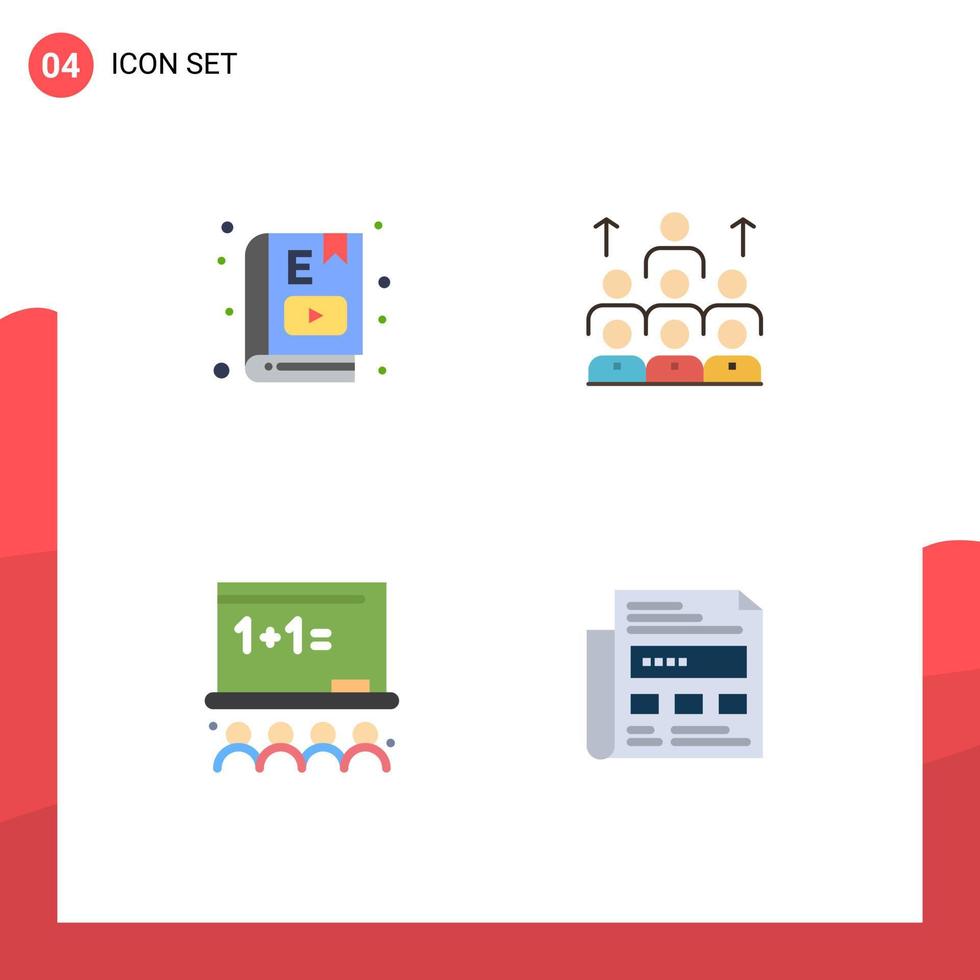 Gruppe von 4 flachen Symbolen, Zeichen und Symbolen für E-Book-Management, Lernen von Geschäftsressourcen, editierbare Vektordesign-Elemente vektor