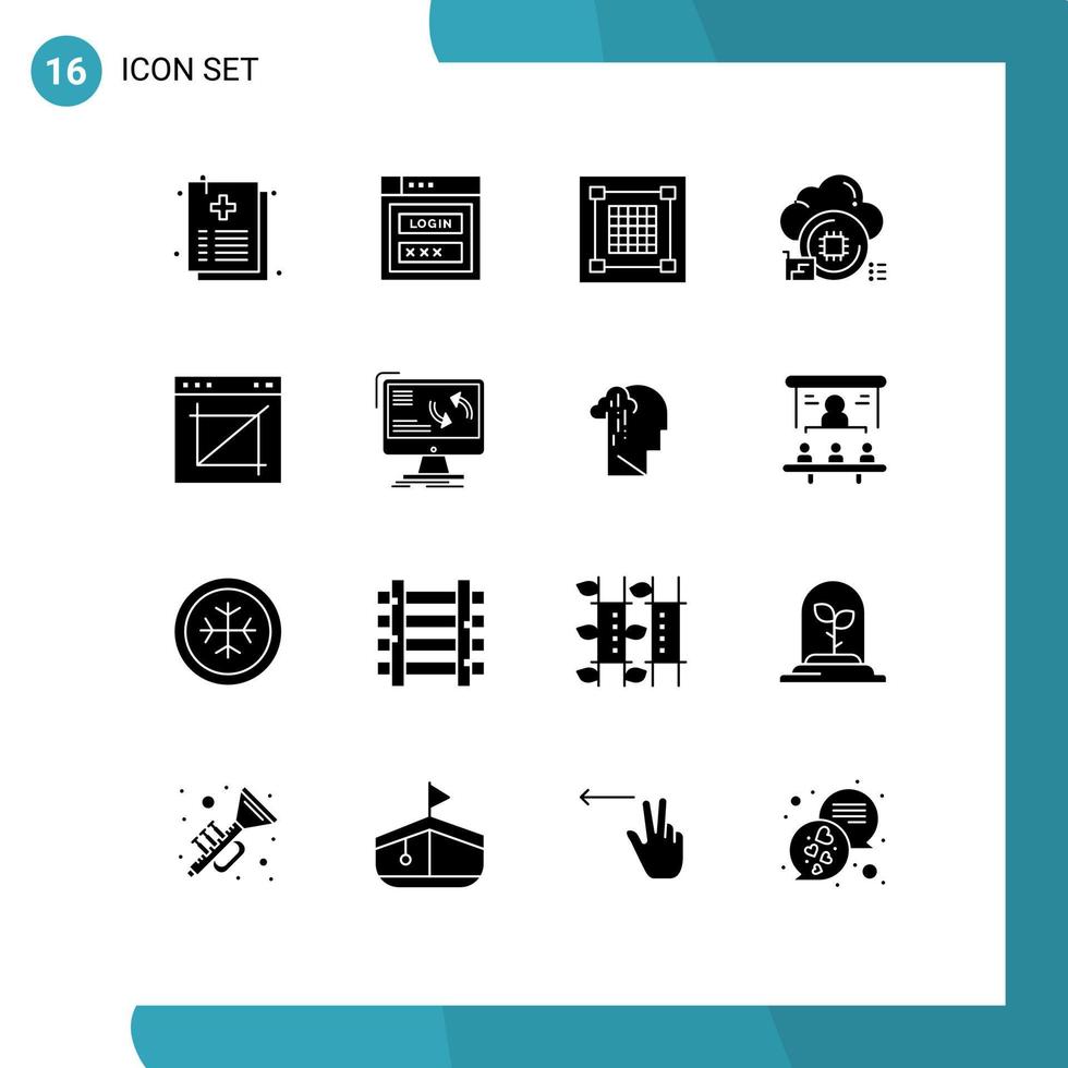 Gruppe von 16 soliden Glyphenzeichen und Symbolen für bearbeitbare Vektordesignelemente für App-Chip-Kreativprozessorraster vektor