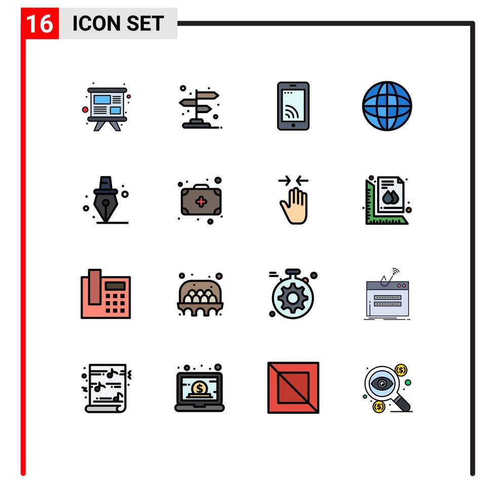 Gruppe von 16 flachen, farbgefüllten Linien Zeichen und Symbole für Stiftbildung, mobile Internetwelt, editierbare kreative Vektordesignelemente vektor