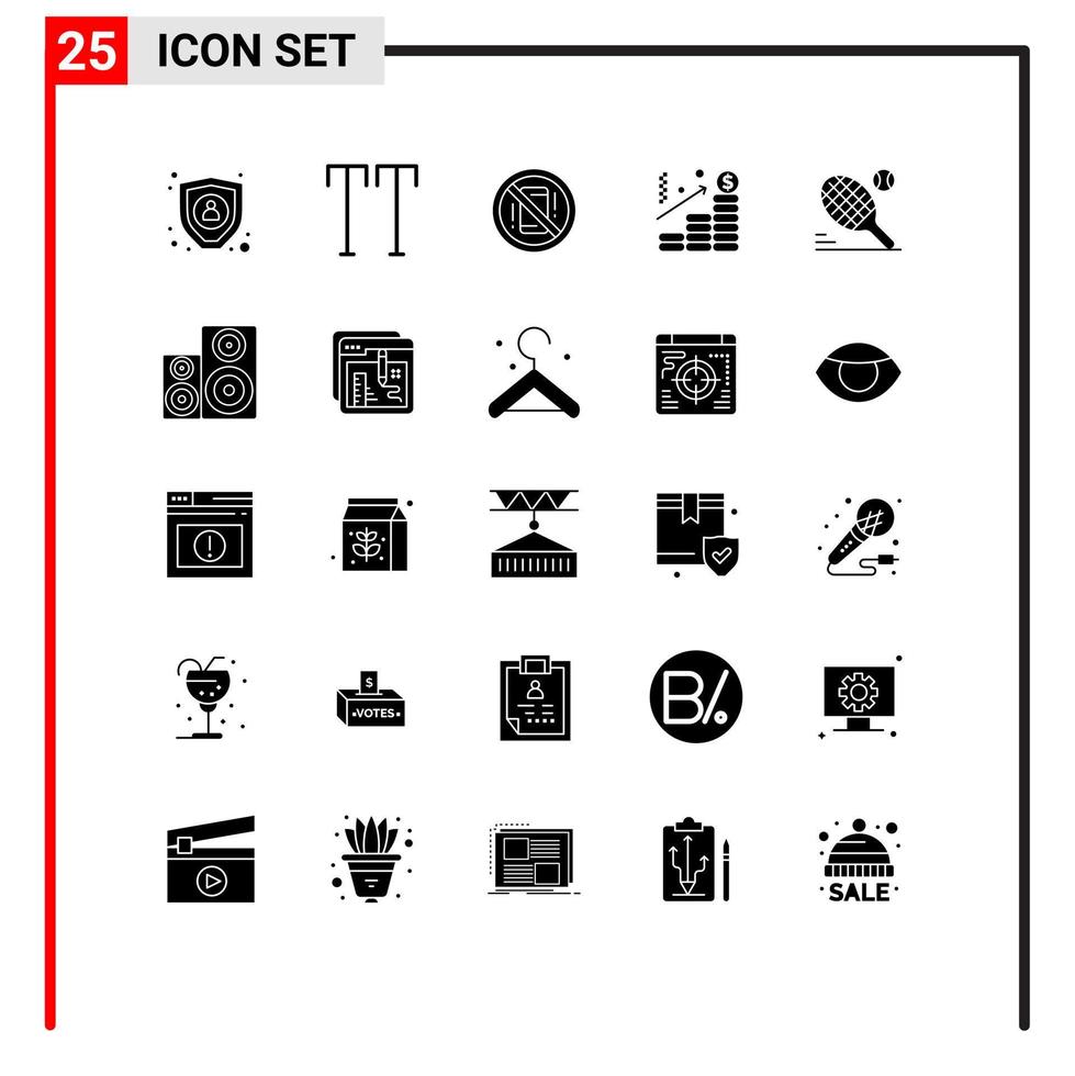 Packung mit 25 kreativen soliden Glyphen von Racket Tennis Mobile Graph Chart editierbare Vektordesign-Elemente vektor