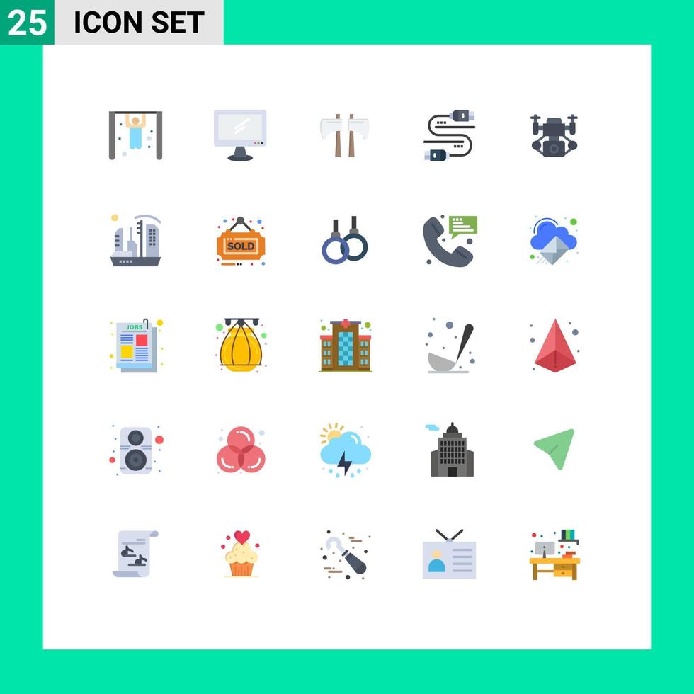 flaches Farbpaket mit 25 universellen Symbolen für die Kamera teilen Axt Serverkabel editierbare Vektordesign-Elemente vektor