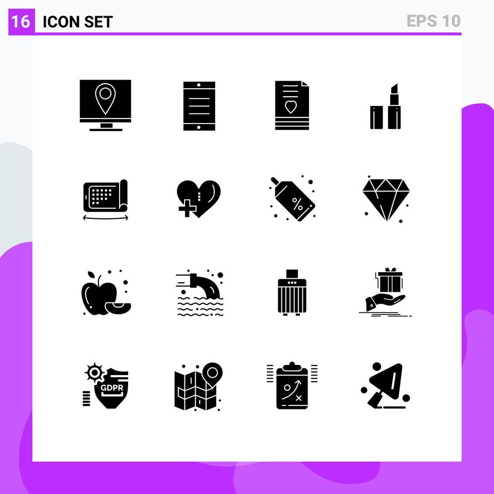 uppsättning av 16 kommersiell fast glyfer packa för teknologi mobil hjärta smink bröllop redigerbar vektor design element