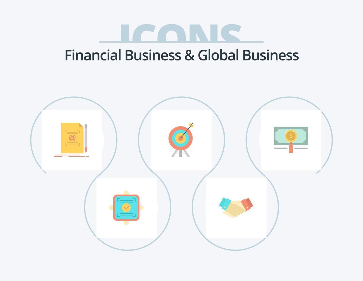 Finanzgeschäft und Global Business Flat Icon Pack 5 Icon Design. Planke. Bogenschießen. Partner. Ziel. Post vektor