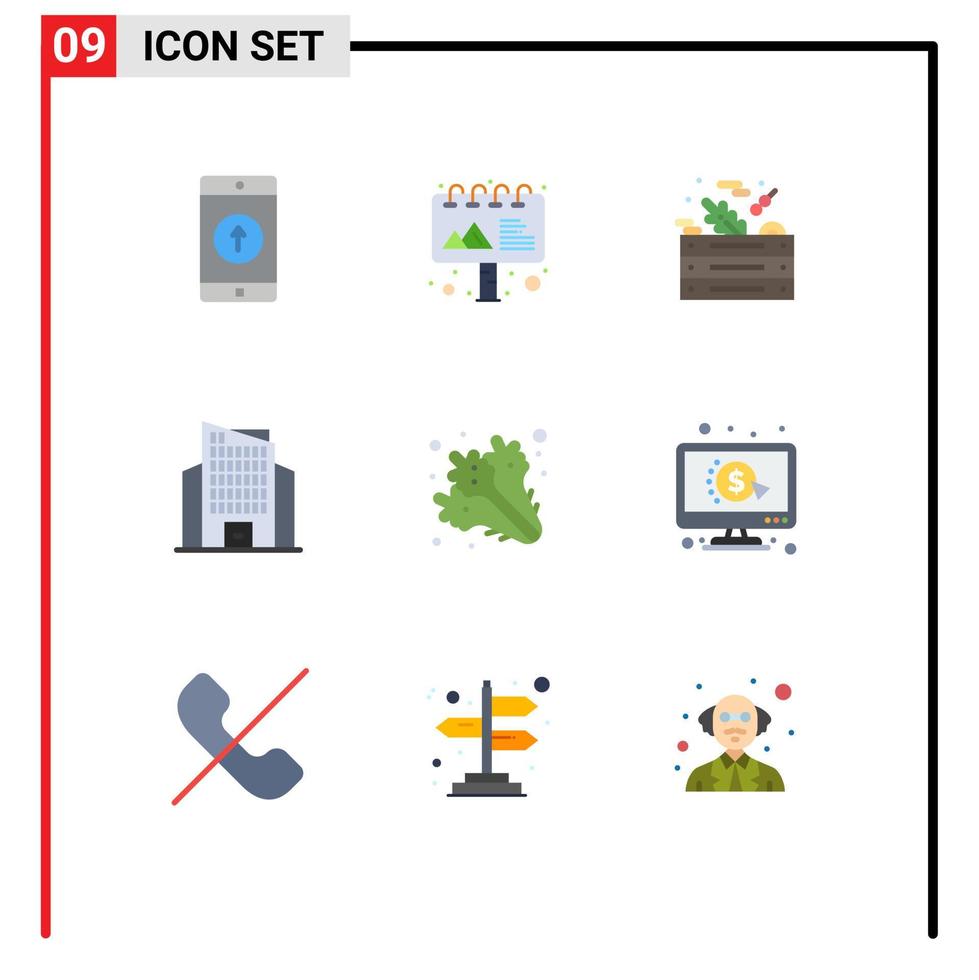 piktogram uppsättning av 9 enkel platt färger av friska diet grön skyskrapa byggnad redigerbar vektor design element