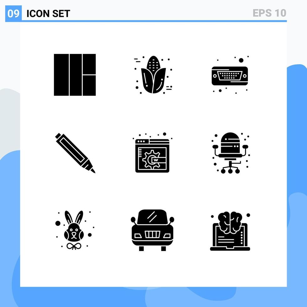 redigerbar vektor linje packa av 9 enkel fast glyfer av sittplats stol hård disk webb sida penna redigerbar vektor design element
