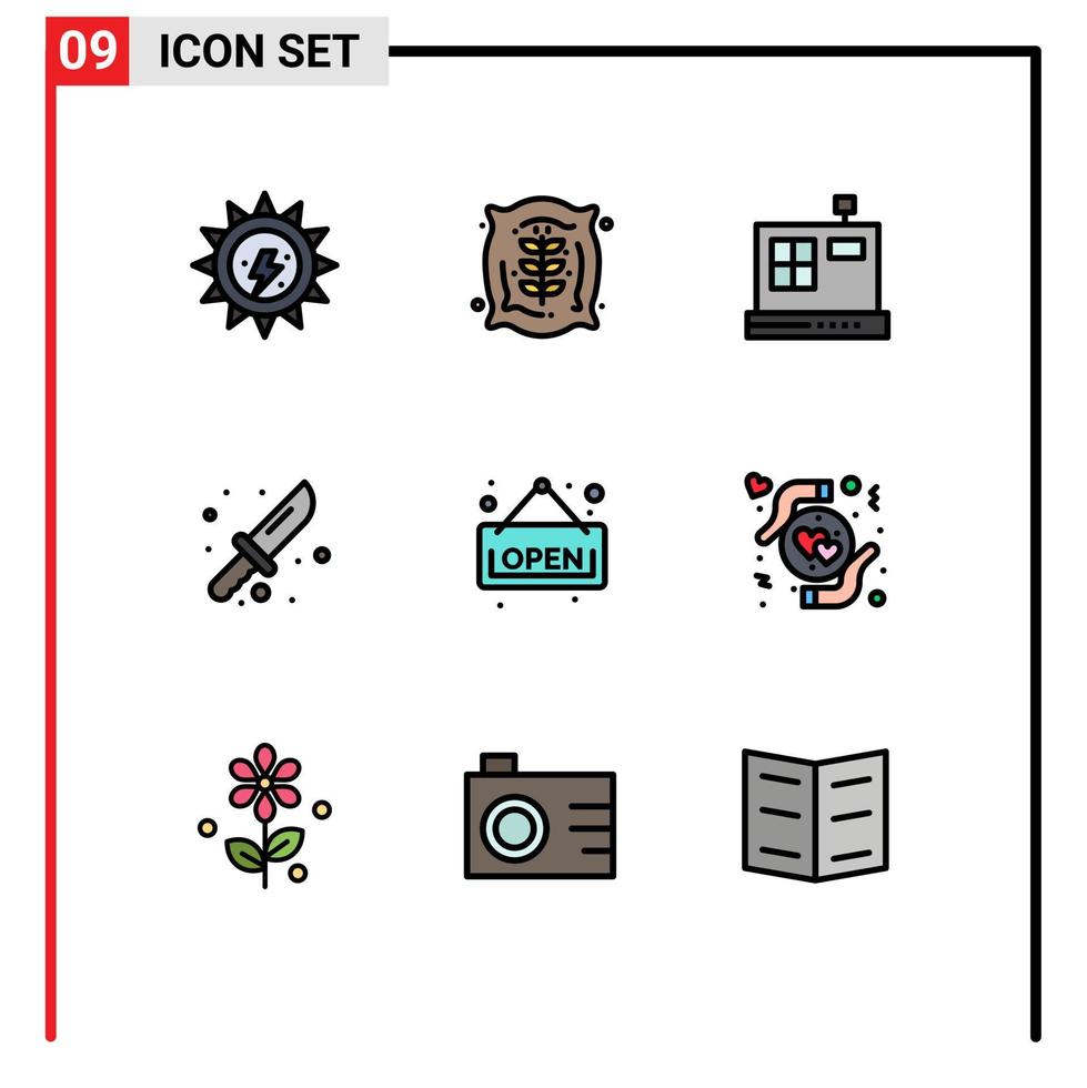 uppsättning av 9 vektor fylld linje platt färger på rutnät för affär öppen kassaskrin verktyg vandring redigerbar vektor design element