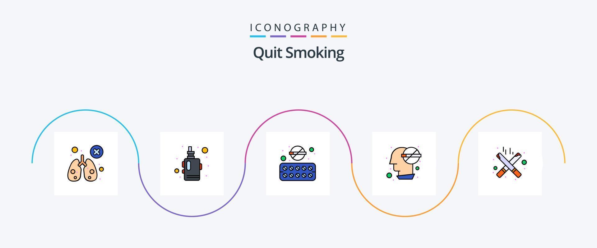 sluta rökning linje fylld platt 5 ikon packa Inklusive problem. effekt. vaper. hjärna. rök vektor