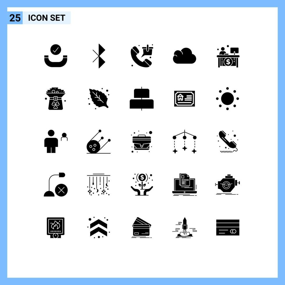 modern uppsättning av 25 fast glyfer och symboler sådan som kassör ekonomi telefon företag data redigerbar vektor design element