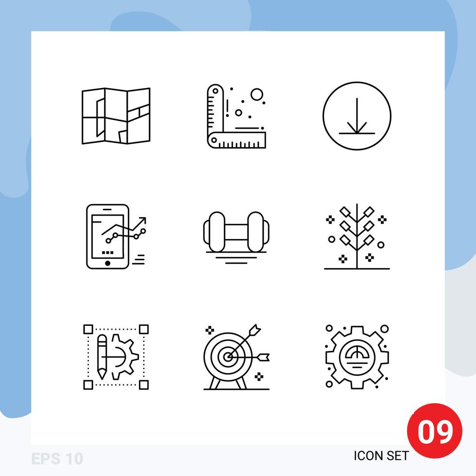 Packung mit 9 kreativen Umrissen von bearbeitbaren Vektordesign-Elementen für Feiern, Fitnessstudio-Diagramm, Fitness-Statistik vektor