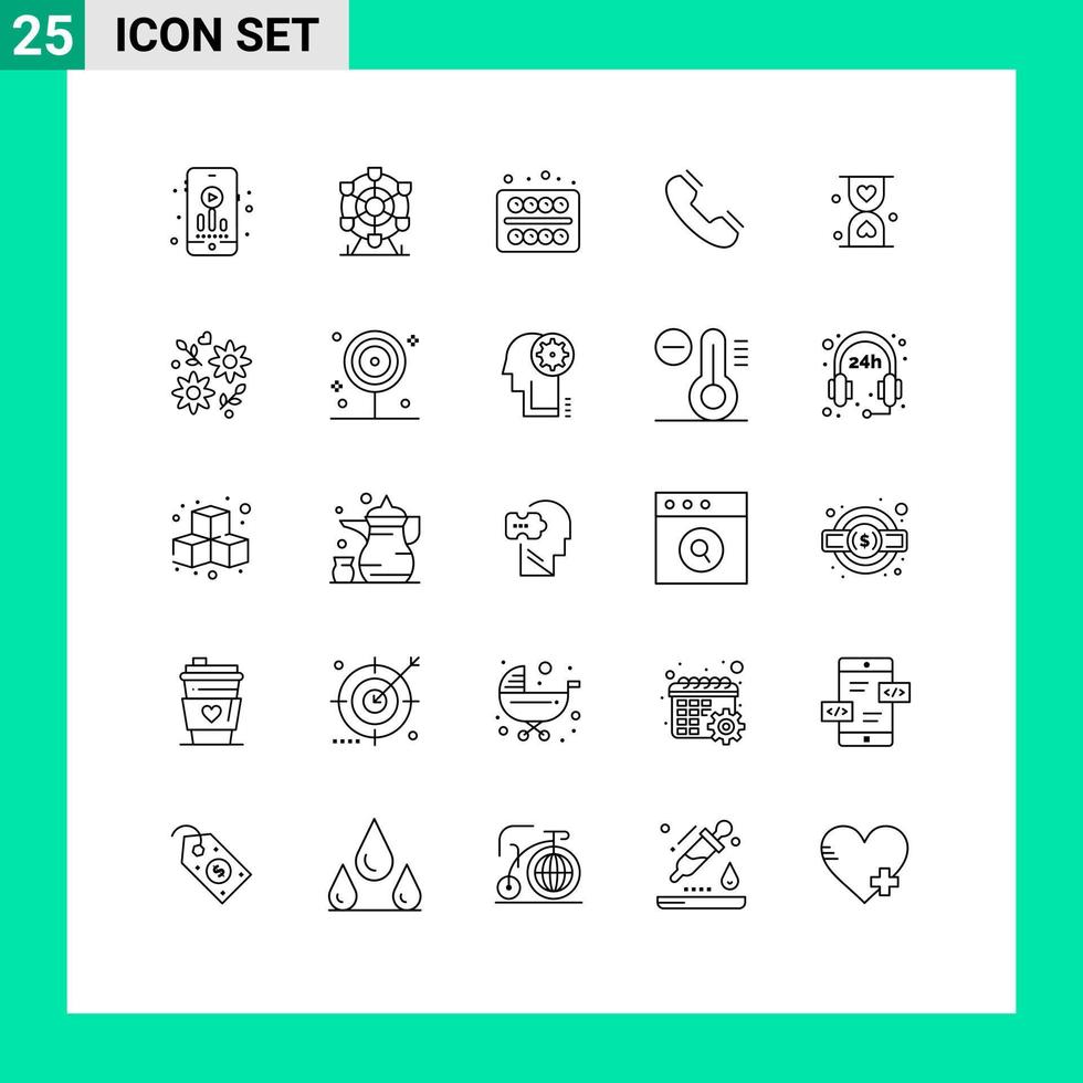 gruppe von 25 linien zeichen und symbole für die sanduhr ringmalerei telefonkontakt editierbare vektordesignelemente vektor