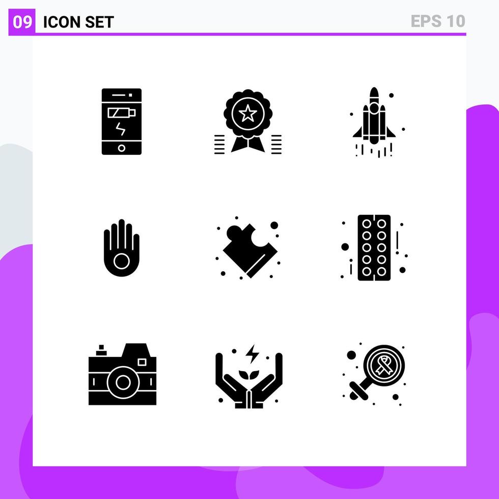 9 användare gränssnitt fast glyf packa av modern tecken och symboler av pussel handflatan band hand teknologi redigerbar vektor design element