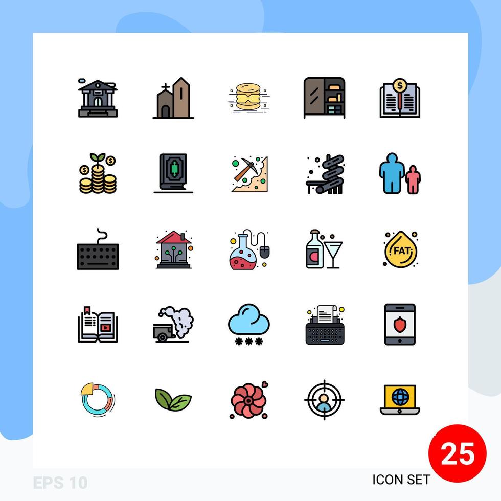 modern uppsättning av 25 fylld linje platt färger pictograph av bok värde garderob databas interiör övervakning redigerbar vektor design element
