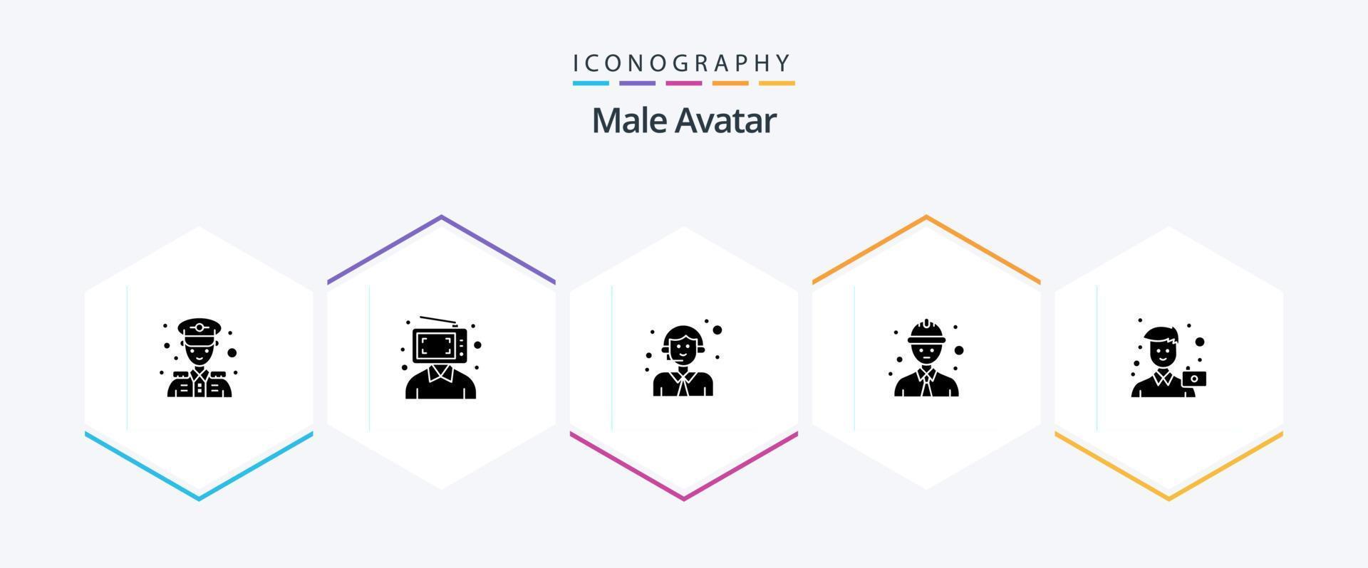 manlig avatar 25 glyf ikon packa Inklusive man. kamera. kund. arbetstagare. linje arbetstagare vektor