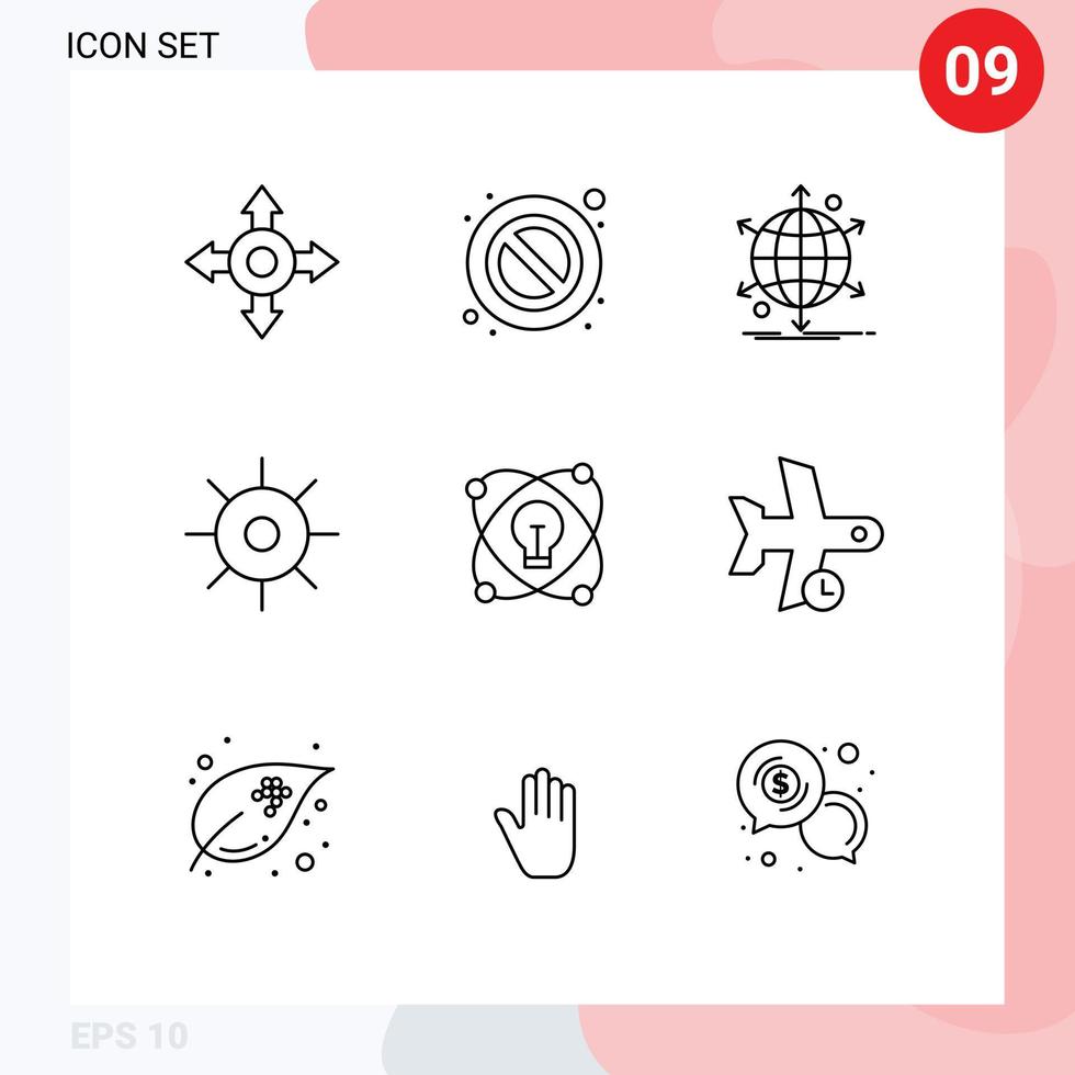 piktogram uppsättning av 9 enkel konturer av fördröjning ljus webb Glödlampa Sol redigerbar vektor design element