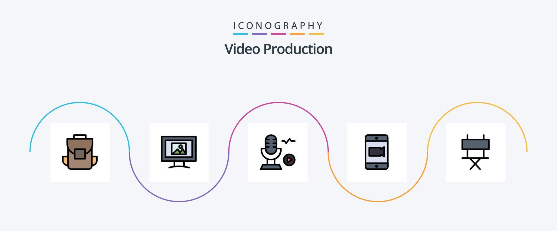 video produktion linje fylld platt 5 ikon packa Inklusive hopfällbar stol. bio. inspelning. stol. video vektor