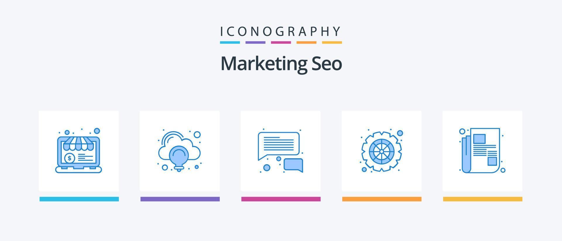 Marketing Seo Blue 5 Icon Pack inklusive . Nachricht. Kommunikation. Brief. Einstellungen. kreatives Symboldesign vektor