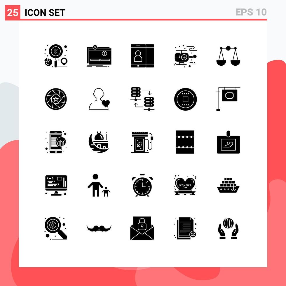 grupp av 25 fast glyfer tecken och symboler för rättvisa sjukhus plattform helikopter användare redigerbar vektor design element