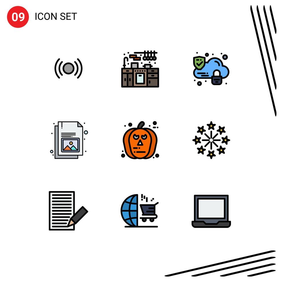 Gruppe von 9 modernen Filledline-Flachfarben, die für editierbare Vektordesign-Elemente des Kürbisgesichts-Wolkenbilddokuments festgelegt werden vektor