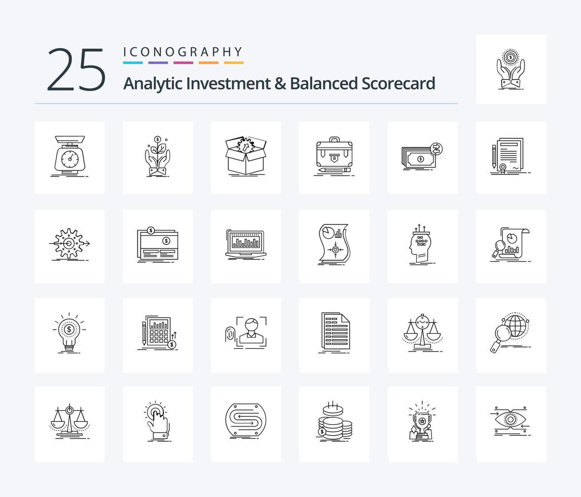 analytische Investition und Balanced Scorecard 25-Zeilen-Symbolpaket einschließlich Finanzen. Aktentasche. Anlage. arbeiten. Produktivität vektor