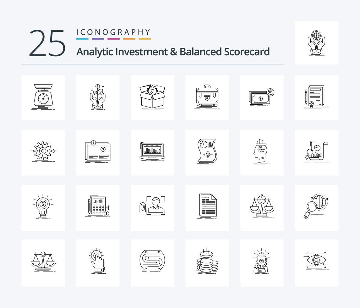 analytisk investering och balanserad score-kort 25 linje ikon packa Inklusive finansiell. portfölj. växt. arbete. produktivitet vektor
