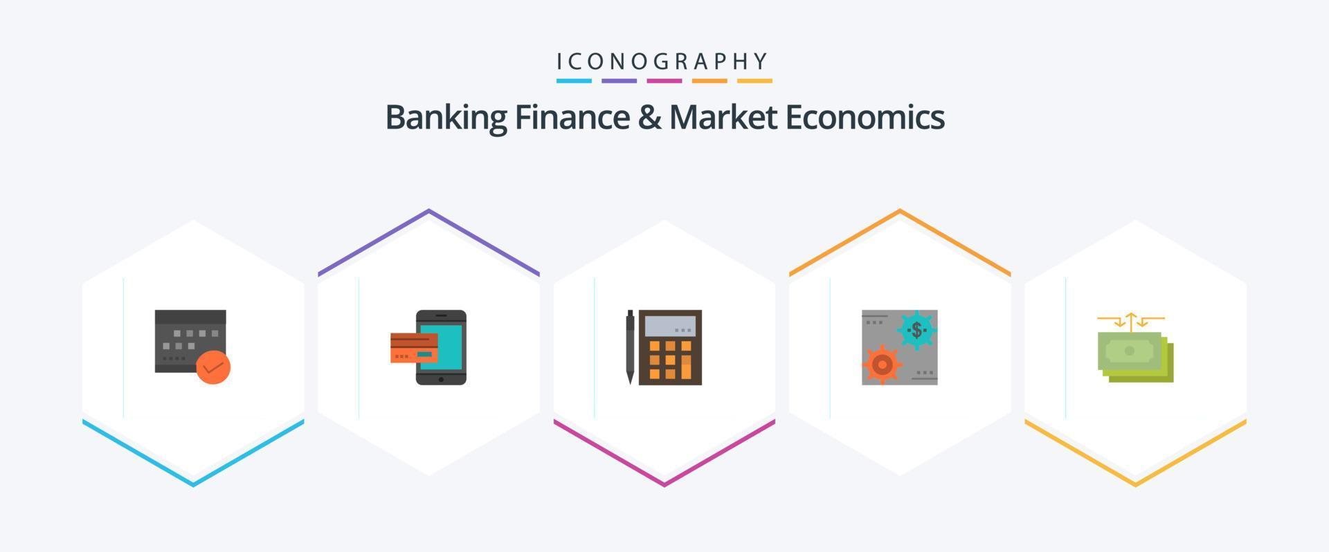 Banken, Finanzen und Marktwirtschaft 25 Flat Icon Pack inklusive Berechnung. Buchhaltung. Bank. Smartphone. Handy, Mobiltelefon vektor