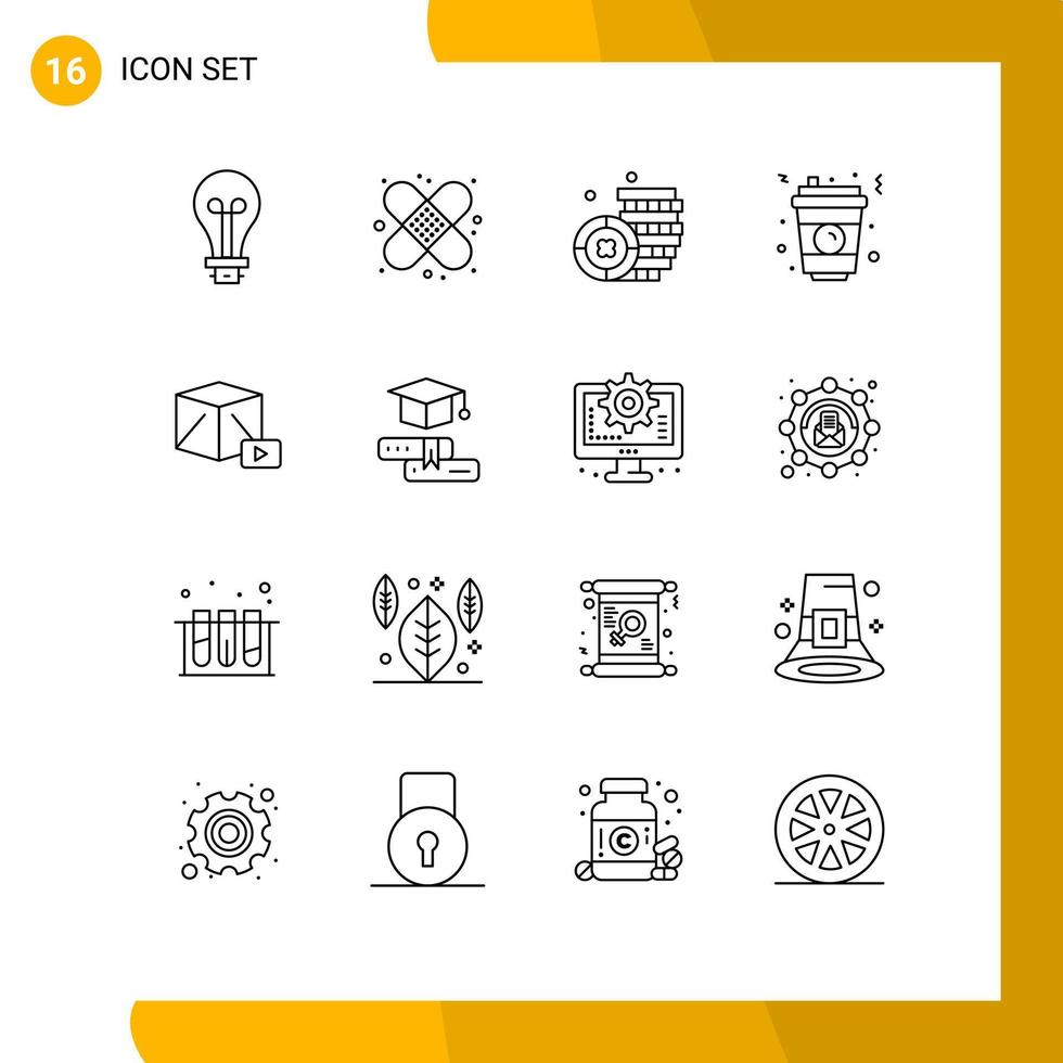 Stock Vector Icon Pack mit 16 Zeilenzeichen und Symbolen für Play-Button Coin Food Glass editierbare Vektordesign-Elemente