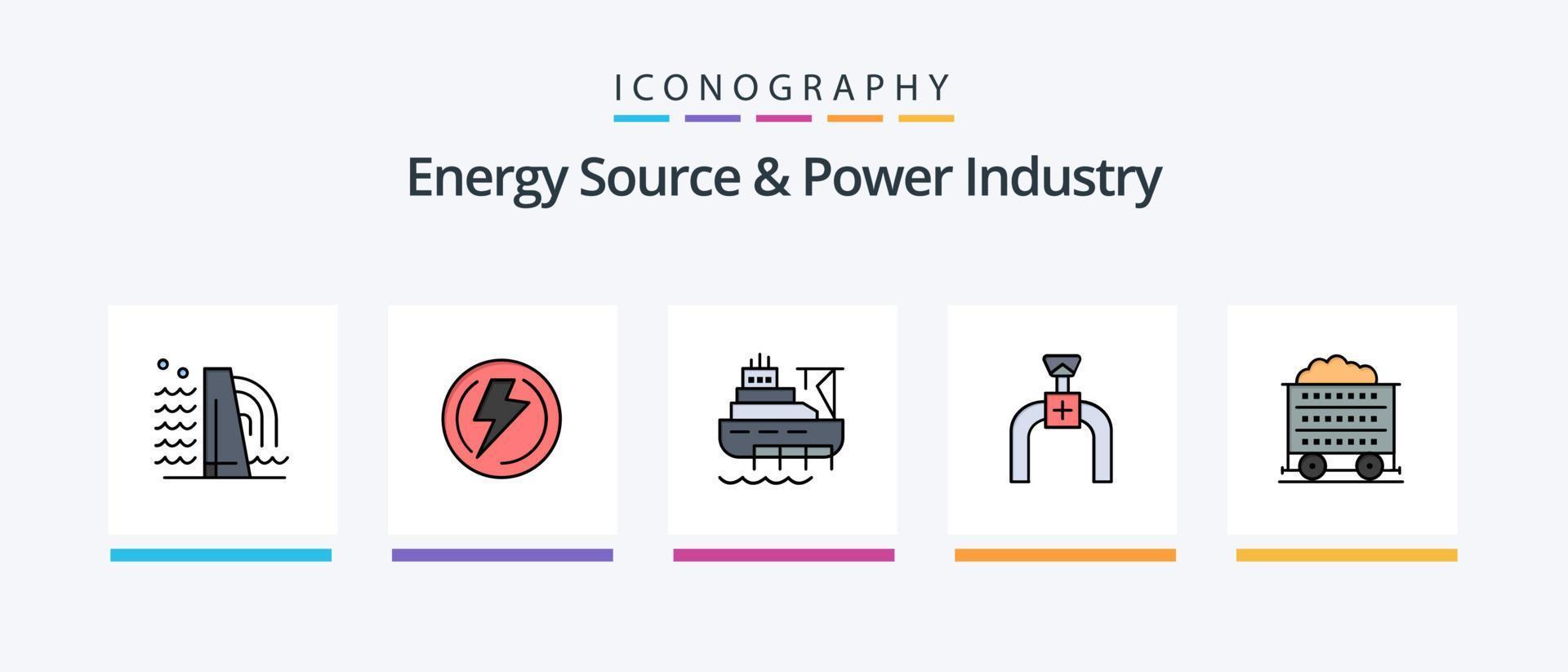 Energiequelle und Energiewirtschaftslinie gefüllt 5 Icon Pack inklusive Konstruktion. Leistung. Fass. Energie. Turbine. kreatives Symboldesign vektor