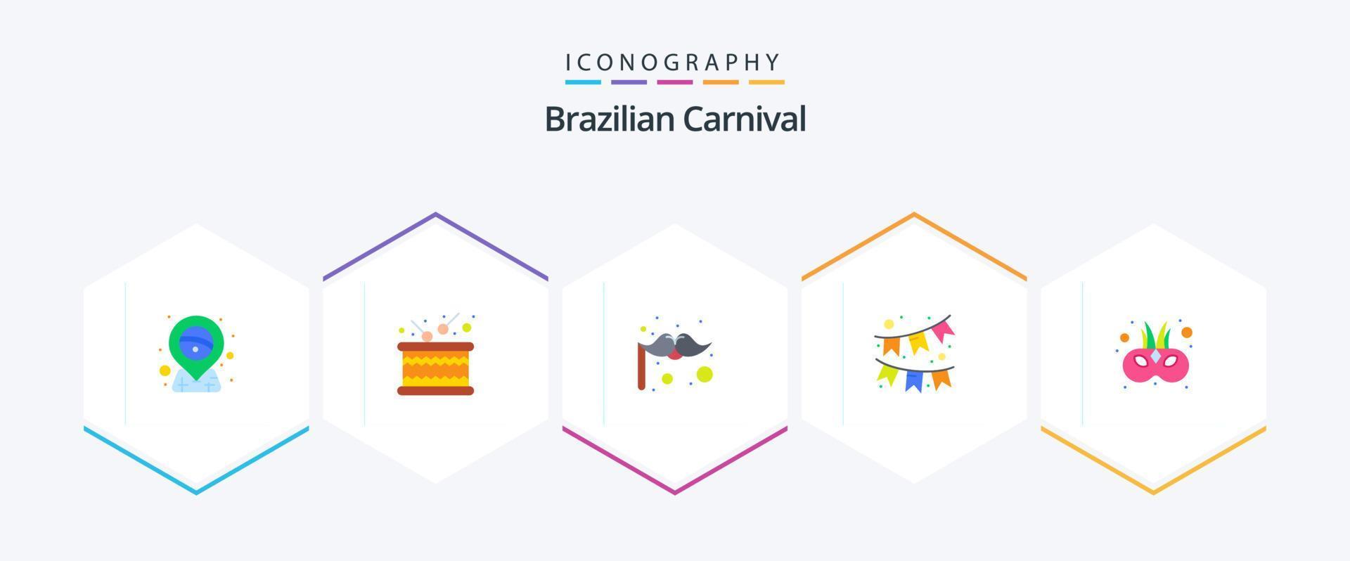 brasiliansk karneval 25 platt ikon packa Inklusive mask. underhållning. karneval. bio. krans vektor