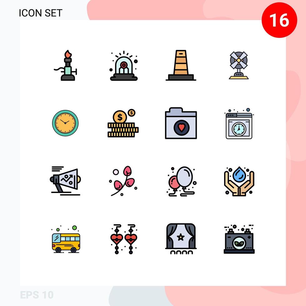 uppsättning av 16 vektor platt Färg fylld rader på rutnät för tid Hem siren fläkt under redigerbar kreativ vektor design element