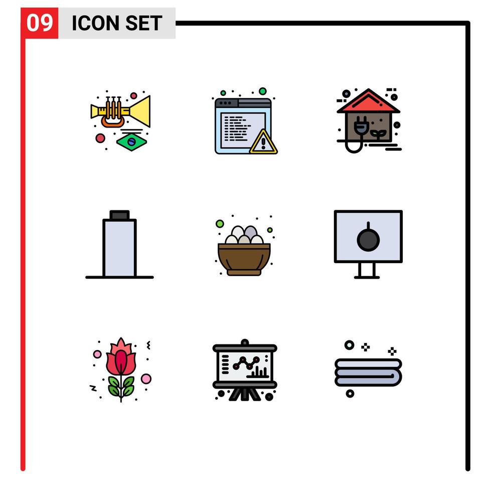 Universelle Symbolsymbole Gruppe von 9 modernen Filledline-Flachfarben von Ostern-Schüssel-Energie-Multimedia-Batterie editierbare Vektordesign-Elemente vektor