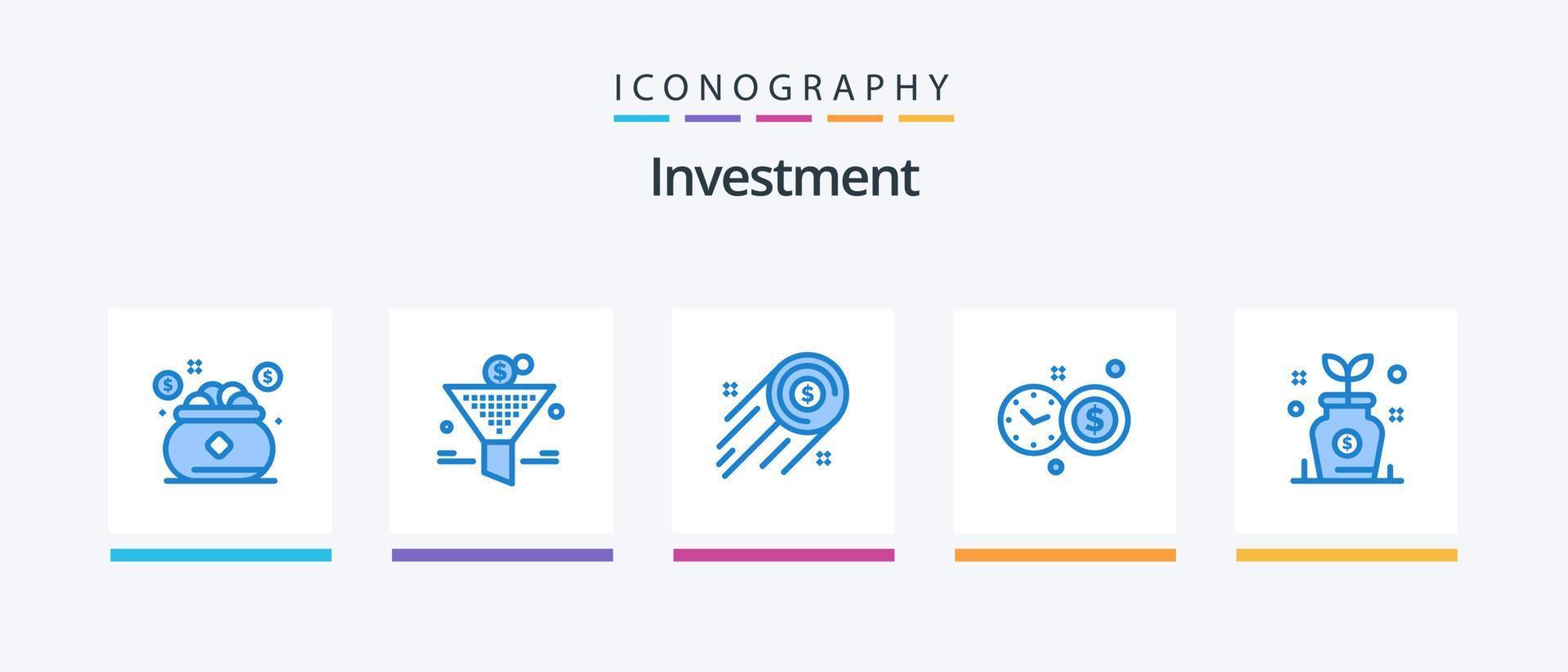 investering blå 5 ikon packa Inklusive tillväxt. hastighetsmätare. lämna tillbaka på investering. investering tid. investering. kreativ ikoner design vektor