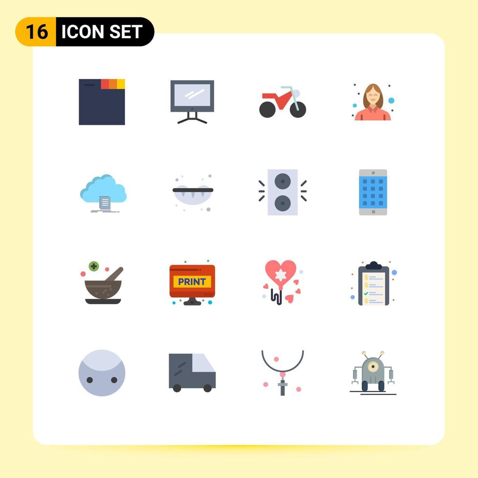 mobil gränssnitt platt Färg uppsättning av 16 piktogram av fil tillgång motorcykel moln kvinna redigerbar packa av kreativ vektor design element