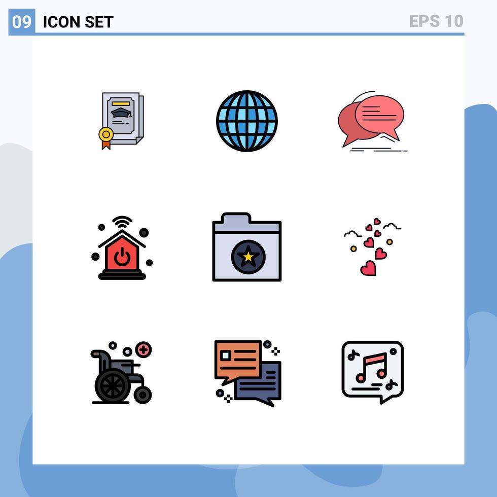 grupp av 9 fylld linje platt färger tecken och symboler för stjärna favorit chatt internet av saker Hem nätverk redigerbar vektor design element