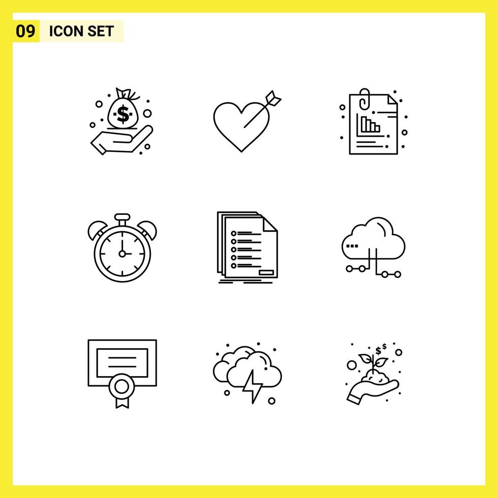 Stock Vector Icon Pack mit 9 Zeilenzeichen und Symbolen für die Einreichung von Zeitdokumenten, Bildung, Alarm, editierbare Vektordesign-Elemente