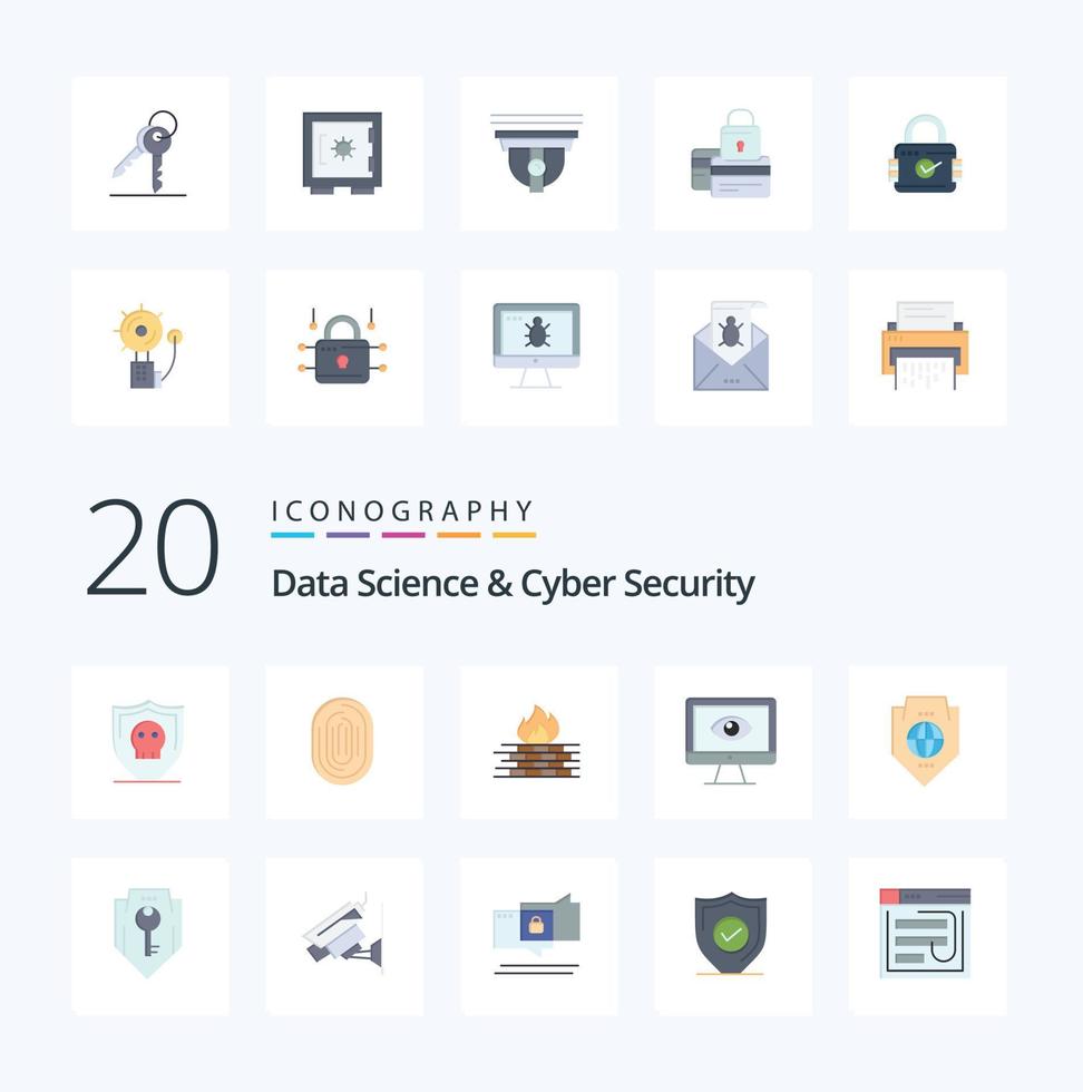 20 data vetenskap och cyber säkerhet platt Färg ikon packa tycka om Integritet övervaka scanner säkerhet brandvägg vektor