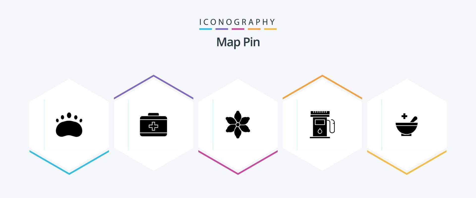 Map Pin 25 Glyphen-Icon-Pack inklusive . Schüssel. Anlage. geduldig. Zeichen vektor