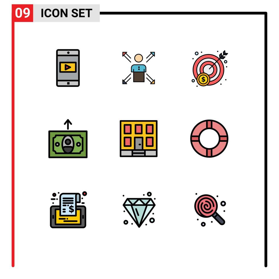 uppsättning av 9 kommersiell fylld linje platt färger packa för byggnad finansiera mänsklig kontanter vinst redigerbar vektor design element