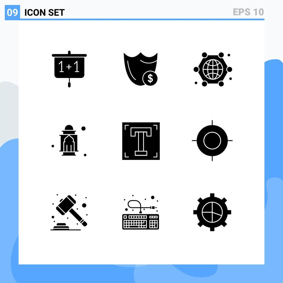 9 användare gränssnitt fast glyf packa av modern tecken och symboler av islam moské säkerhet internet av saker klot redigerbar vektor design element