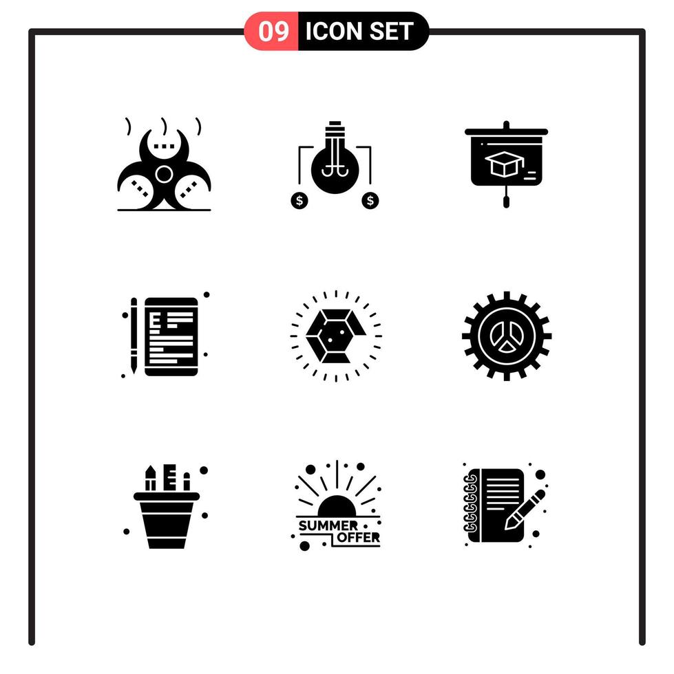 Satz von 9 kommerziellen Solid-Glyphen-Packs für Schullerndiagramme und online bearbeitbare Vektordesign-Elemente vektor