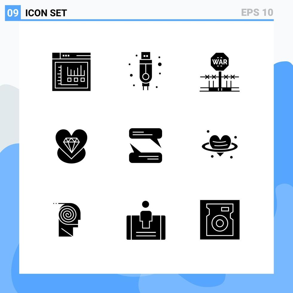 Gruppe von 9 modernen soliden Glyphen, die für Messaging-Hochzeitskonflikt-Herz-Diamant-editierbare Vektordesign-Elemente festgelegt wurden vektor