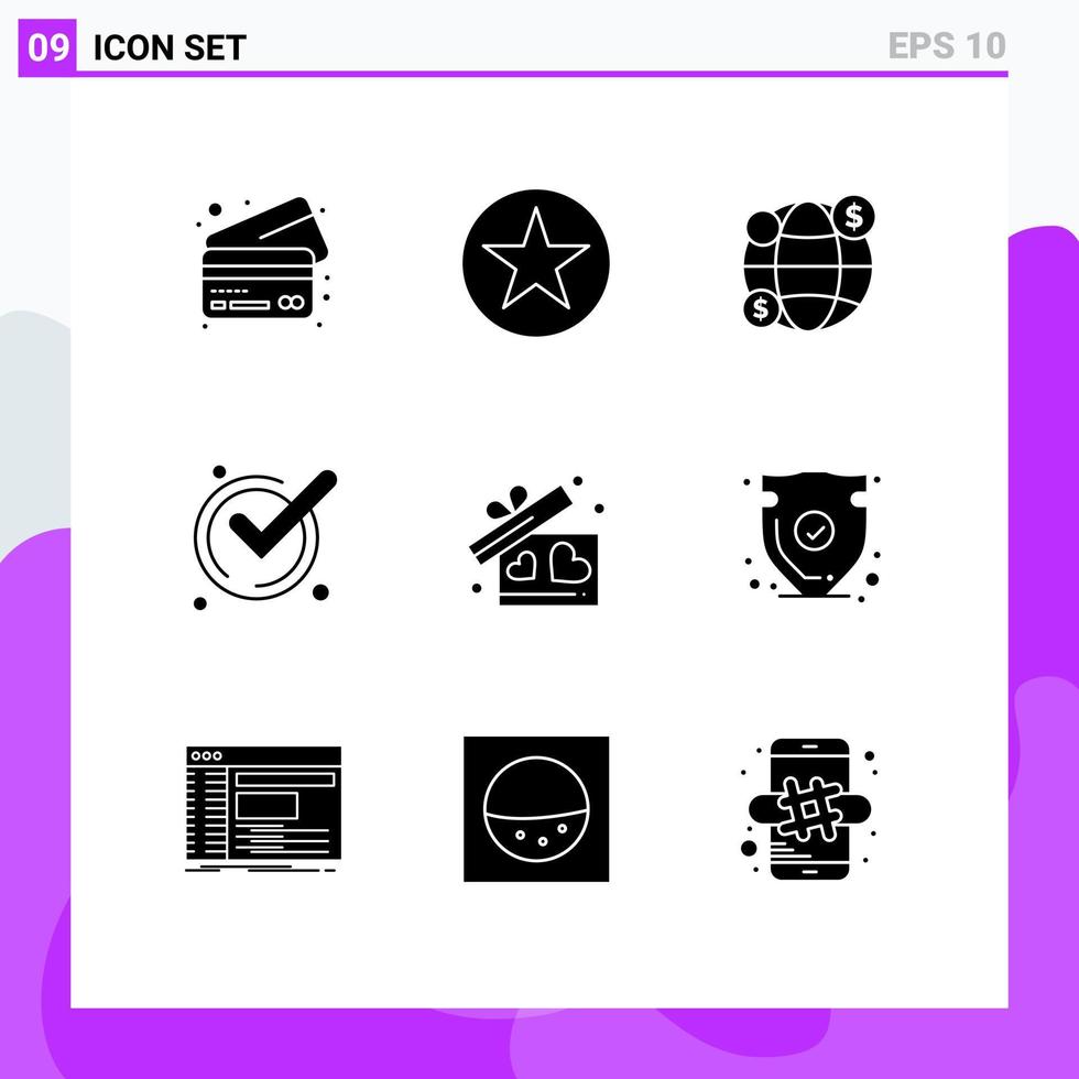 mobil gränssnitt fast glyf uppsättning av 9 piktogram av hjärta gåva global erkänna Bra redigerbar vektor design element