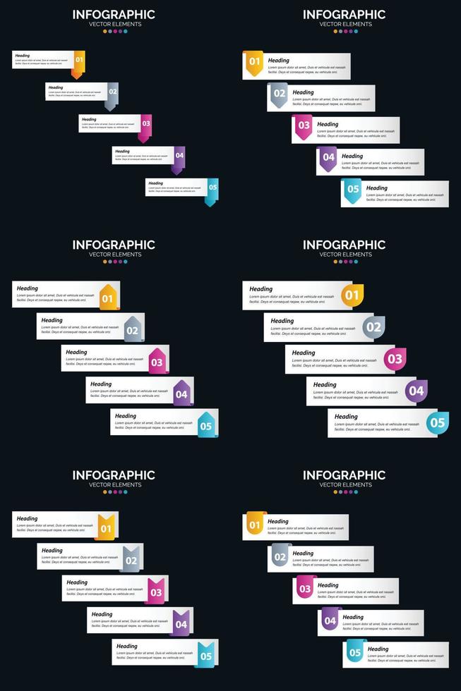 Vektor 6 Infografiken Pack Präsentationsfolie Vorlage 5 Schritte Zyklusdiagramme und Zeitleisten