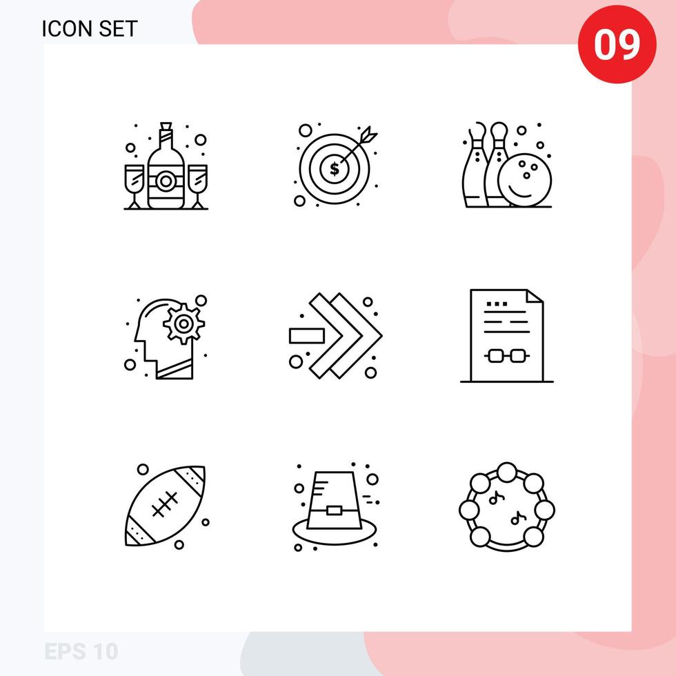 piktogram uppsättning av 9 enkel konturer av lösning sinne pengar aning spela redigerbar vektor design element