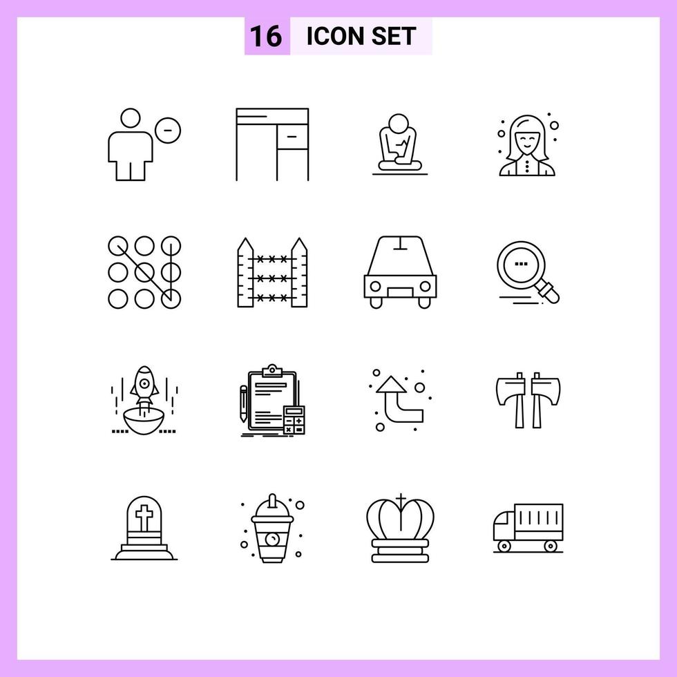 piktogram uppsättning av 16 enkel konturer av teknolog specialist kontor expert- yoga redigerbar vektor design element