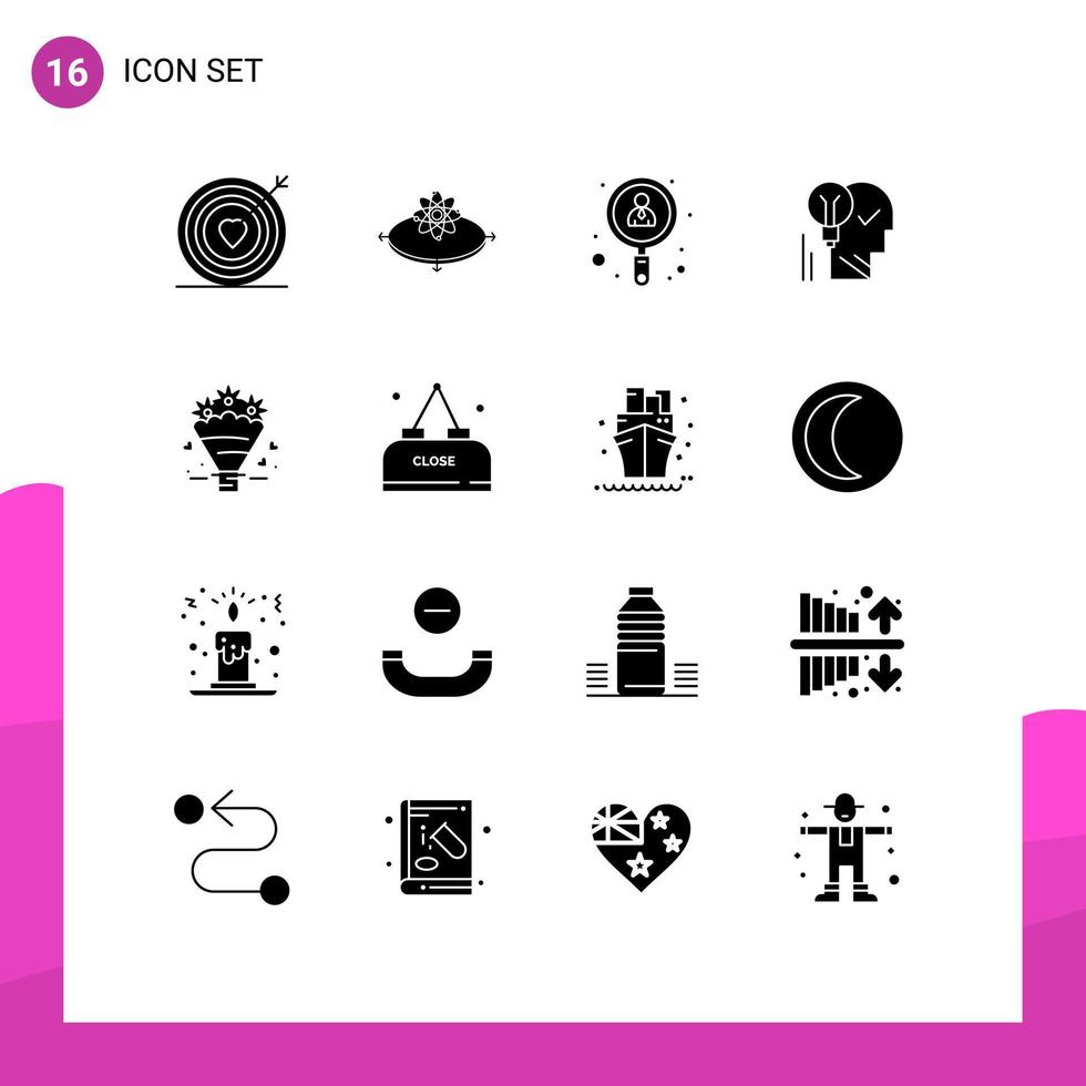 universelle Symbolsymbole Gruppe von 16 modernen soliden Glyphen des Geistes Idee Licht Gehirn Job editierbare Vektordesign-Elemente vektor