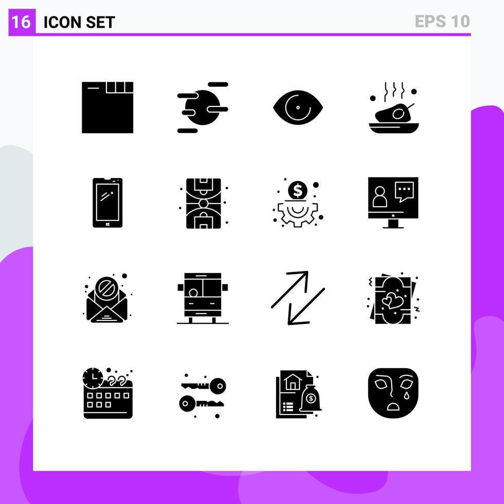 uppsättning av 16 kommersiell fast glyfer packa för mobil telefon mänsklig rostad mat redigerbar vektor design element